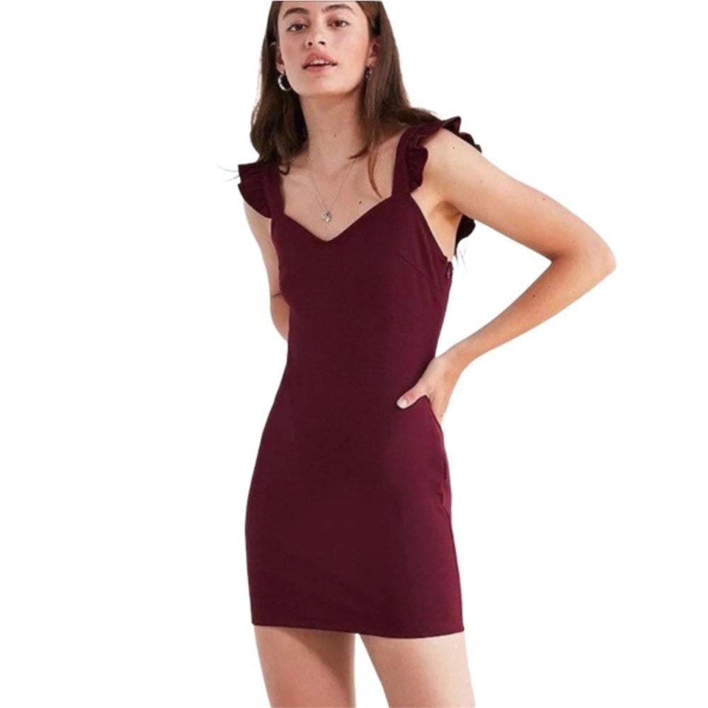 Kimchi blue ruffle sleeve mini dress in dark burgundy.